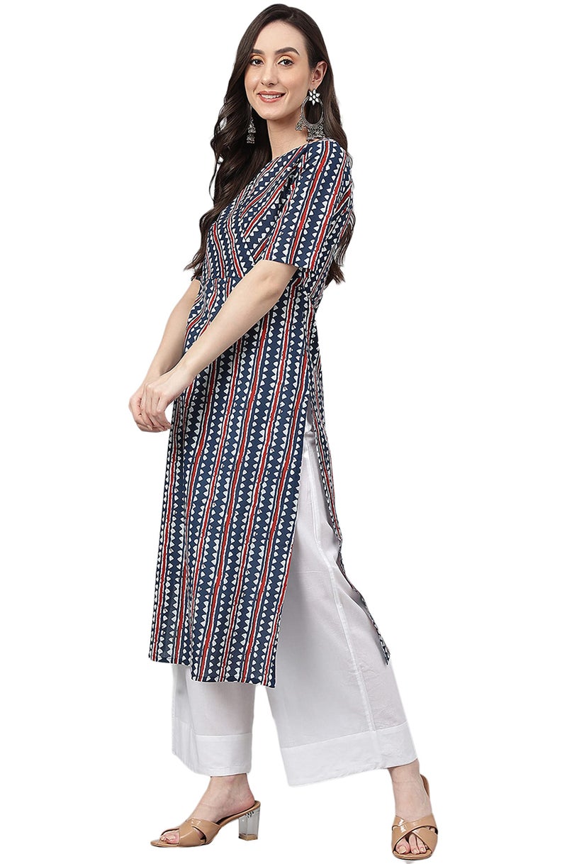 Janasya Women's Navy Blue Pure Cotton Geometric Straight Kurta(JNE4016-KR-XL) - Image 4