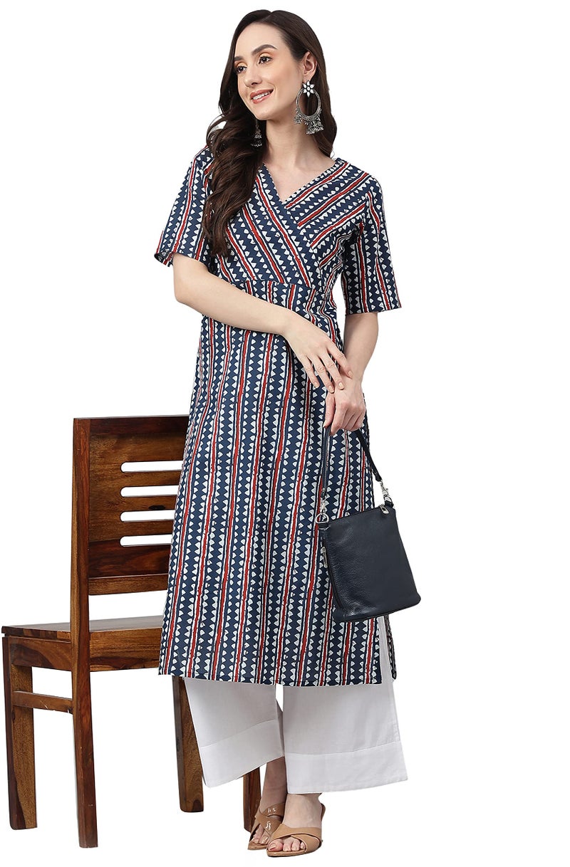 Janasya Women's Navy Blue Pure Cotton Geometric Straight Kurta(JNE4016-KR-XL) - Image 2