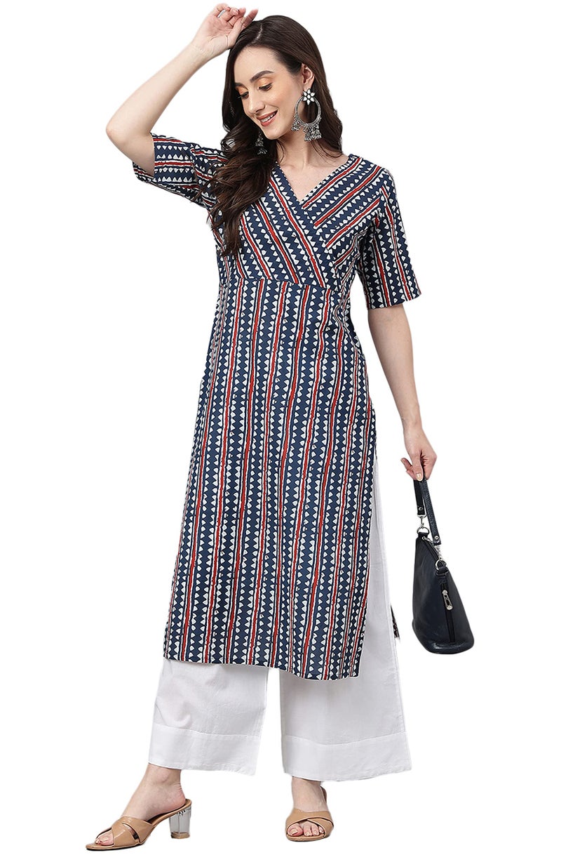 Janasya Women's Navy Blue Pure Cotton Geometric Straight Kurta(JNE4016-KR-XL) - Image 1