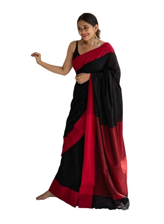 SIRIL Women's Cotton Silk Jacquard Saree With Unstitched Blouse Piece (3684S137_Black & Red) - Image 1