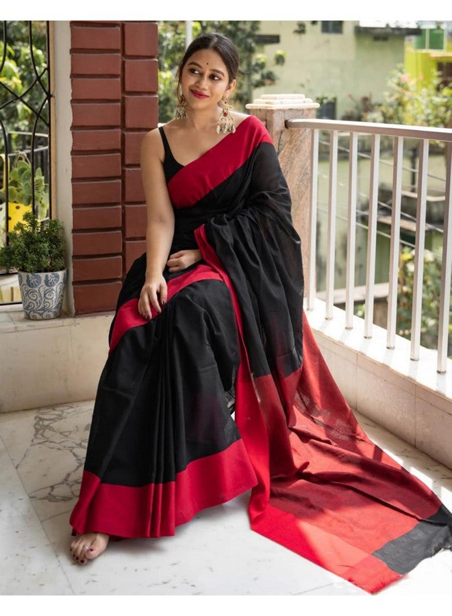 SIRIL Women's Cotton Silk Jacquard Saree With Unstitched Blouse Piece (3684S137_Black & Red) - Image 3
