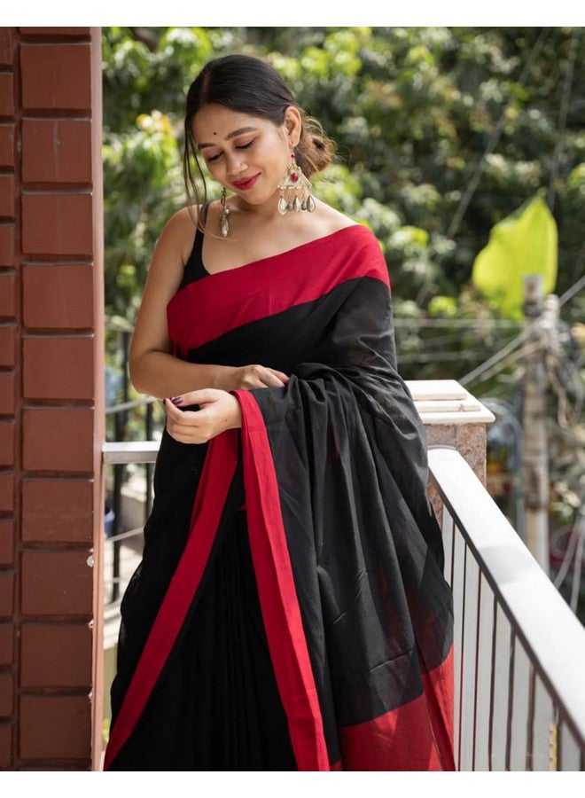 SIRIL Women's Cotton Silk Jacquard Saree With Unstitched Blouse Piece (3684S137_Black & Red) - Image 5