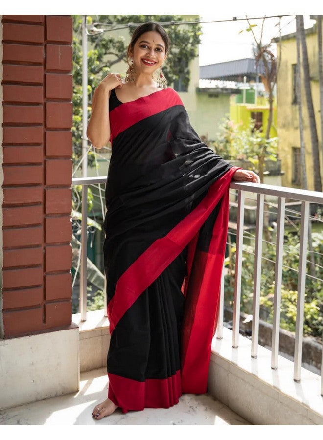 SIRIL Women's Cotton Silk Jacquard Saree With Unstitched Blouse Piece (3684S137_Black & Red) - Image 2