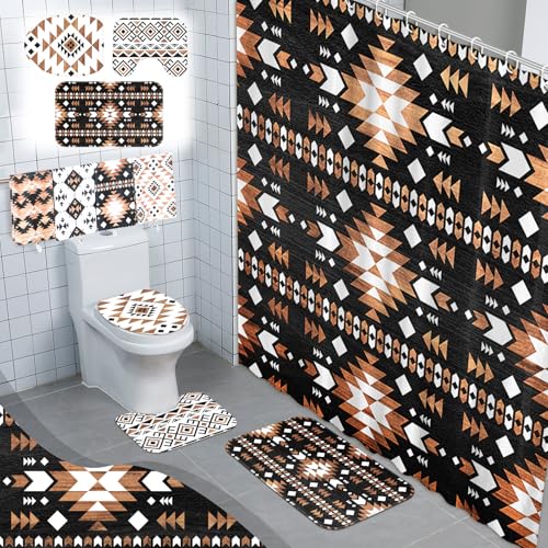 FuWeave 8 Pcs Western Aztec Shower Curtain Set Southwestern Boho Geometric Bathroom Decor with Waterproof Curtain Non Slip Rugs Toilet Lid Cover Bath Mat 12 Hooks Abstract Pattern for Bathroom - Image 1