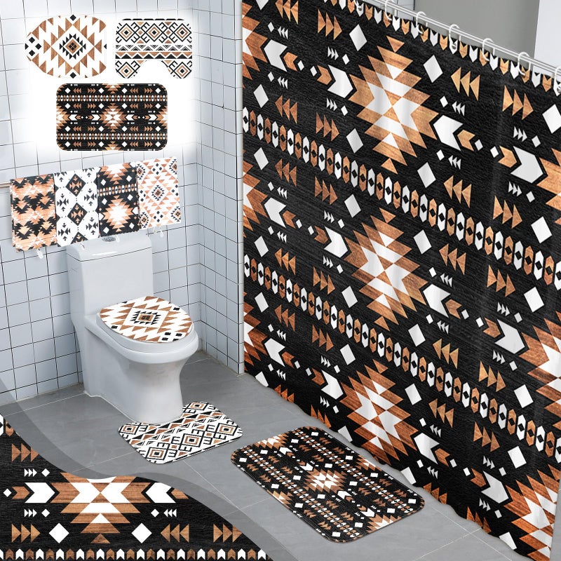 FuWeave 8 Pcs Western Aztec Shower Curtain Set Southwestern Boho Geometric Bathroom Decor with Waterproof Curtain Non Slip Rugs Toilet Lid Cover Bath Mat 12 Hooks Abstract Pattern for Bathroom - Image 2