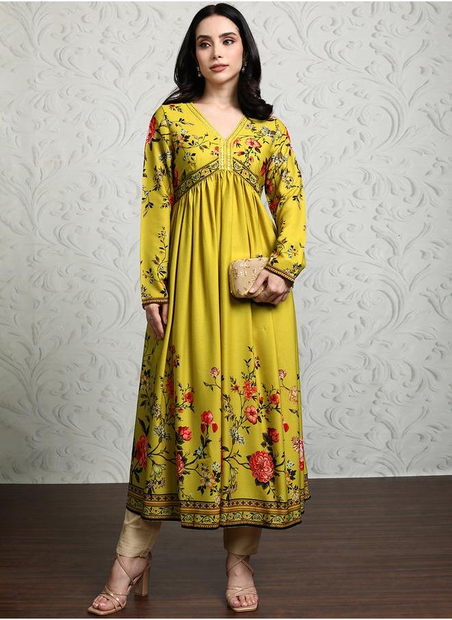 Vishudh Women Green Floral Printed Anarkali Kurta by Styli  - Image 2