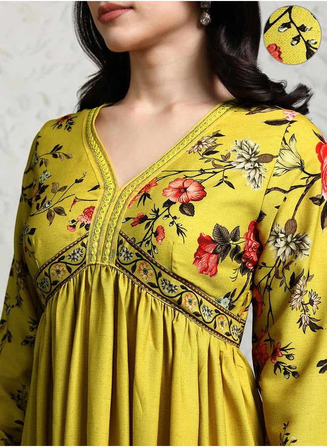 Vishudh Women Green Floral Printed Anarkali Kurta by Styli  - Image 5