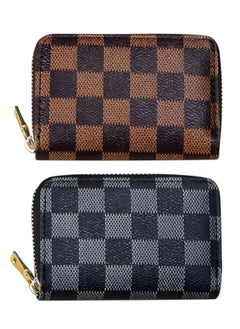 KASTWAVE 2 Piece Credit Card Holder, Tartan Leather Passcase Wallet for Cards & Notes, Keychain, Zipper Case Organ Style Portable Business Card Case Wallet for Womens and Mens  - Image 1