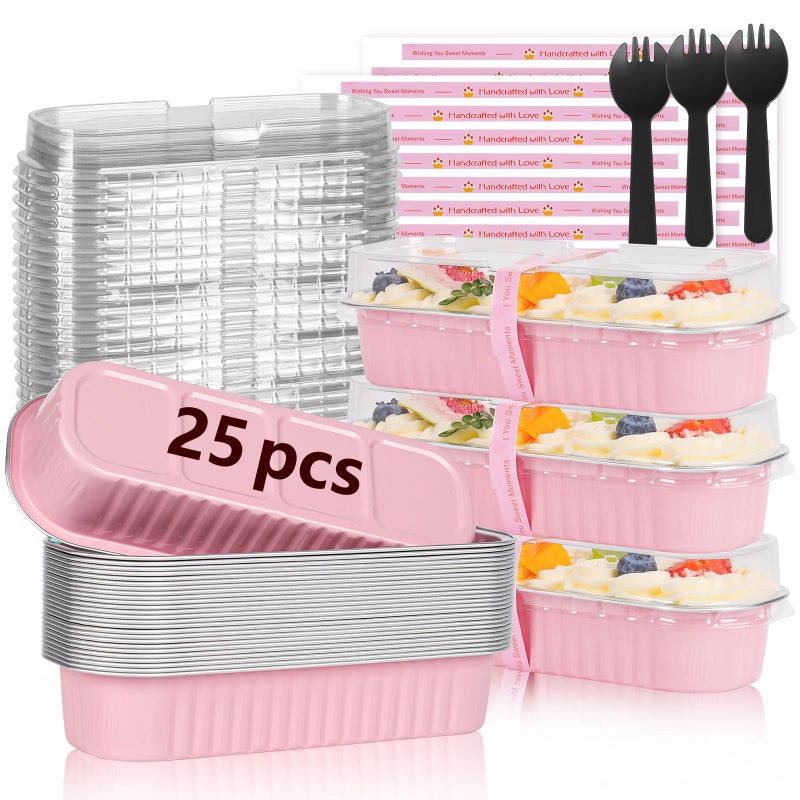 YQER 25 Pack Mini Loaf Pans with Lids and Spoons Sealing Sticker, 6.8oz Mini Cake Pans for Baking, Disposable Aluminum Foil Loaf Pans, Pink Loaf Baking Pans, Small Cake Containers With Lids - Image 1