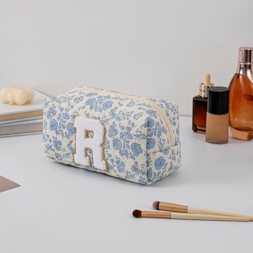 Gleyemor Personalized Initial Makeup Bag for Women Cute Quilted Blue Floral Cotton Cosmetic Bag Christmas Gifts for Her Mom Friend Sister Bridesmaid Teacher Women R - Image 3