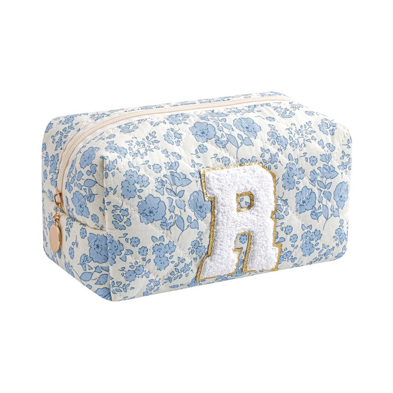 Gleyemor Personalized Initial Makeup Bag for Women Cute Quilted Blue Floral Cotton Cosmetic Bag Christmas Gifts for Her Mom Friend Sister Bridesmaid Teacher Women R - Image 2