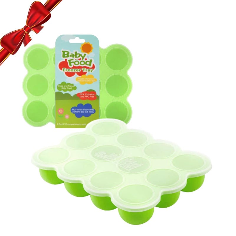Samuelworld Baby Food Storage Container, 12 Portions x 2.5oz - BPA Free Silicone Freezer Tray with Clip-On Lid for Milk Storage, Homemade Baby Food, Vegetable & Fruit Purees - Green(For 6 Months+ - Image 1