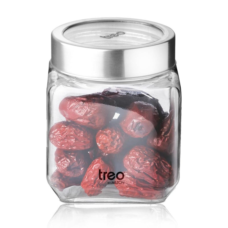 TREO by Milton Cube Storage Containers, 1 Piece, Glass Jar with Air Tight Steel Lid, 580 ml each, Transparent Jars for snacks, Pulses, Masala, Pickles, Cereals, Cookies, Dry Food - Image 1