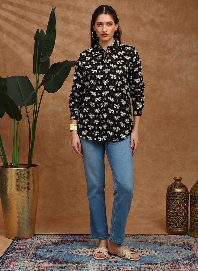 globus Women Black Collared Tribal Print Shirt Tunic - Image 4