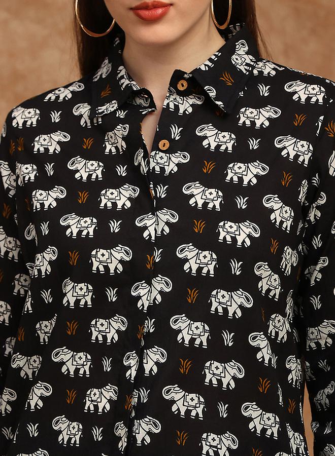 globus Women Black Collared Tribal Print Shirt Tunic - Image 3