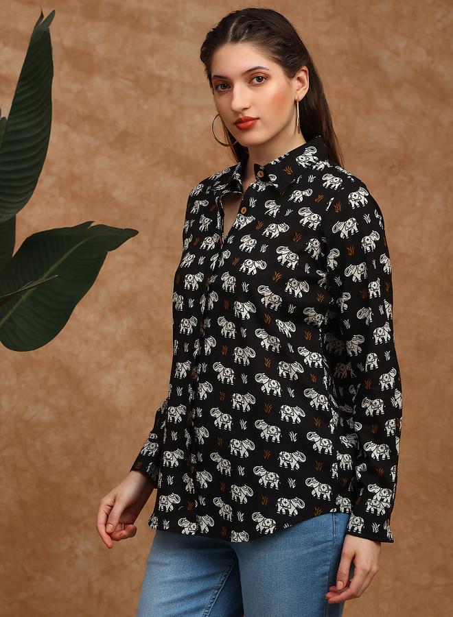globus Women Black Collared Tribal Print Shirt Tunic - Image 1