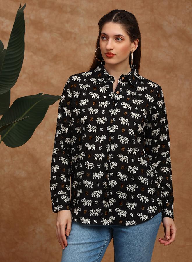 globus Women Black Collared Tribal Print Shirt Tunic - Image 5