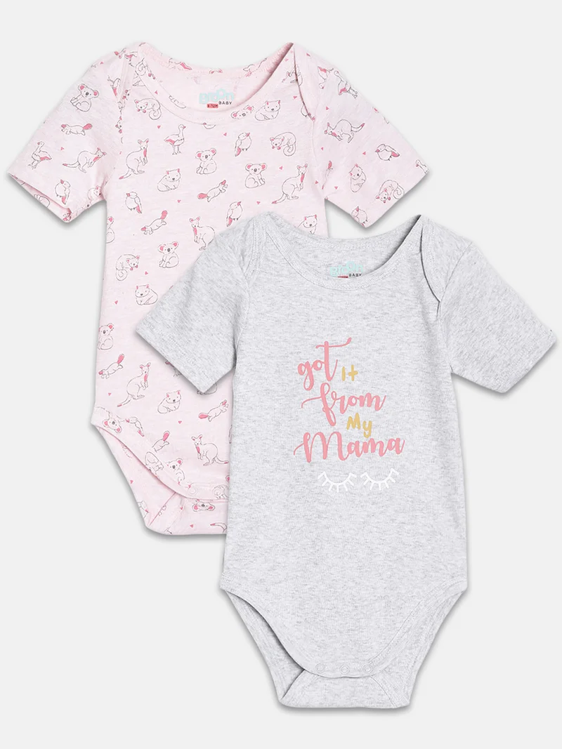 Broon Broon Infant Girls Grey and Baby Pink Printed Pure Organic Cotton Bodysuit Pack of 2
