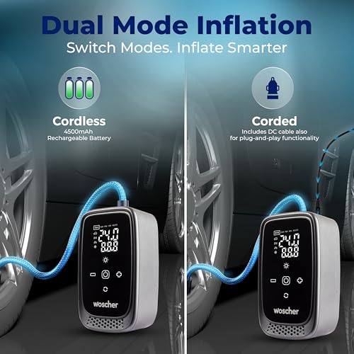 Woscher Airsense 2-in-1 Tyre Inflator for Car and Bike – Wired + Wireless (4500mAh Battery or 12V DC), 150 PSI Car Tyre Inflator Pump | Air Pump for Car Tyre - Image 5