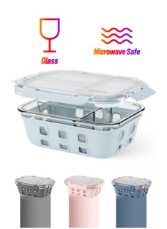 BEOLA 3 Compartment Glass Food Storage Container with Airtight Lid and Silicone Protection, Individually Sealed 3 Section Meal Prep Container, Freezer, Dishwasher, Microwave Safe, 1050ml(Ice Blue)  - Image 1