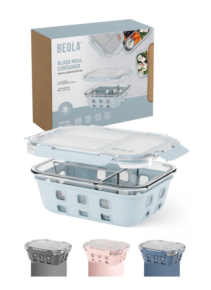 BEOLA 3 Compartment Glass Food Storage Container with Airtight Lid and Silicone Protection, Individually Sealed 3 Section Meal Prep Container, Freezer, Dishwasher, Microwave Safe, 1050ml(Ice Blue)  - Image 1