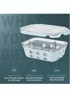BEOLA 3 Compartment Glass Food Storage Container with Airtight Lid and Silicone Protection, Individually Sealed 3 Section Meal Prep Container, Freezer, Dishwasher, Microwave Safe, 1050ml(Ice Blue)  - Image 2
