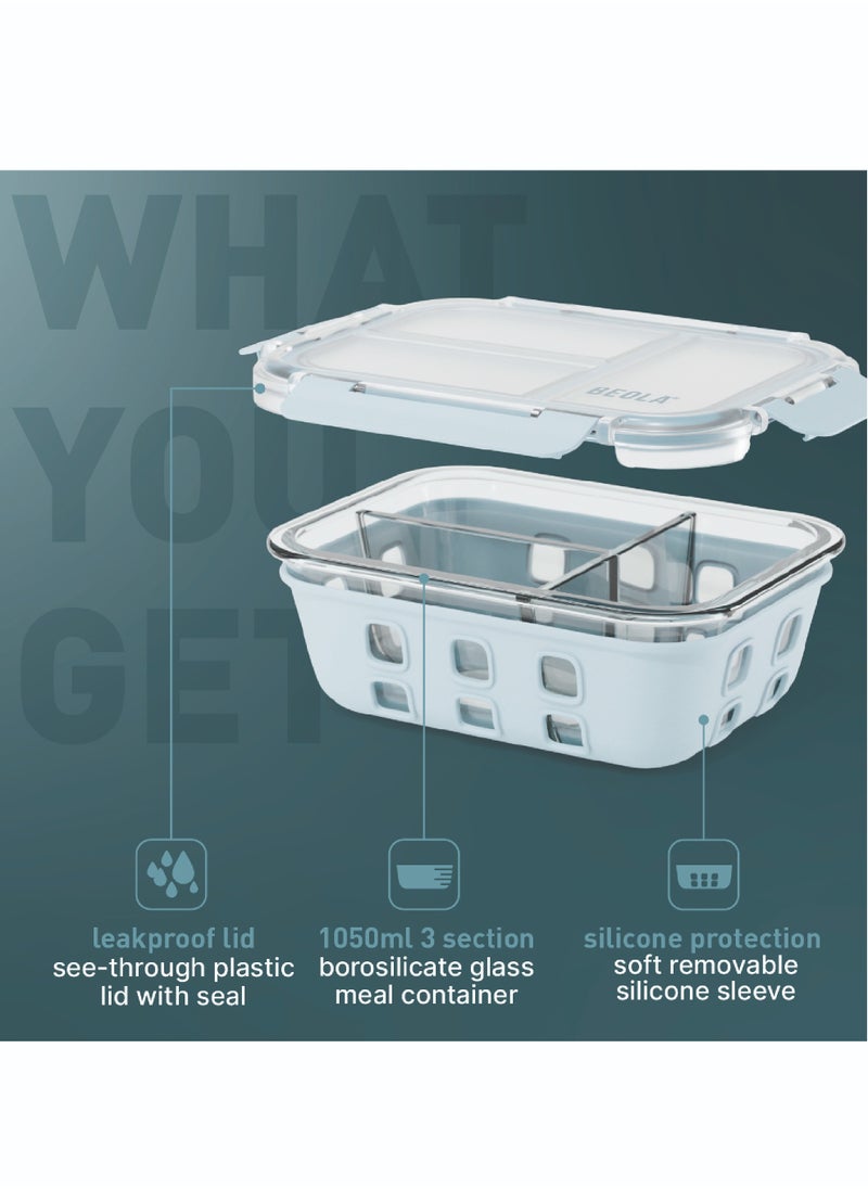 BEOLA - 3 Compartment Glass Food Storage Container with Airtight Lid and Silicone Protection, Individually Sealed 3 Section Meal Prep Container, Freezer, Dishwasher, Microwave Safe, 1050ml(Ice Blue) - Image 1