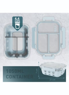 BEOLA 3 Compartment Glass Food Storage Container with Airtight Lid and Silicone Protection, Individually Sealed 3 Section Meal Prep Container, Freezer, Dishwasher, Microwave Safe, 1050ml(Ice Blue)  - Image 3
