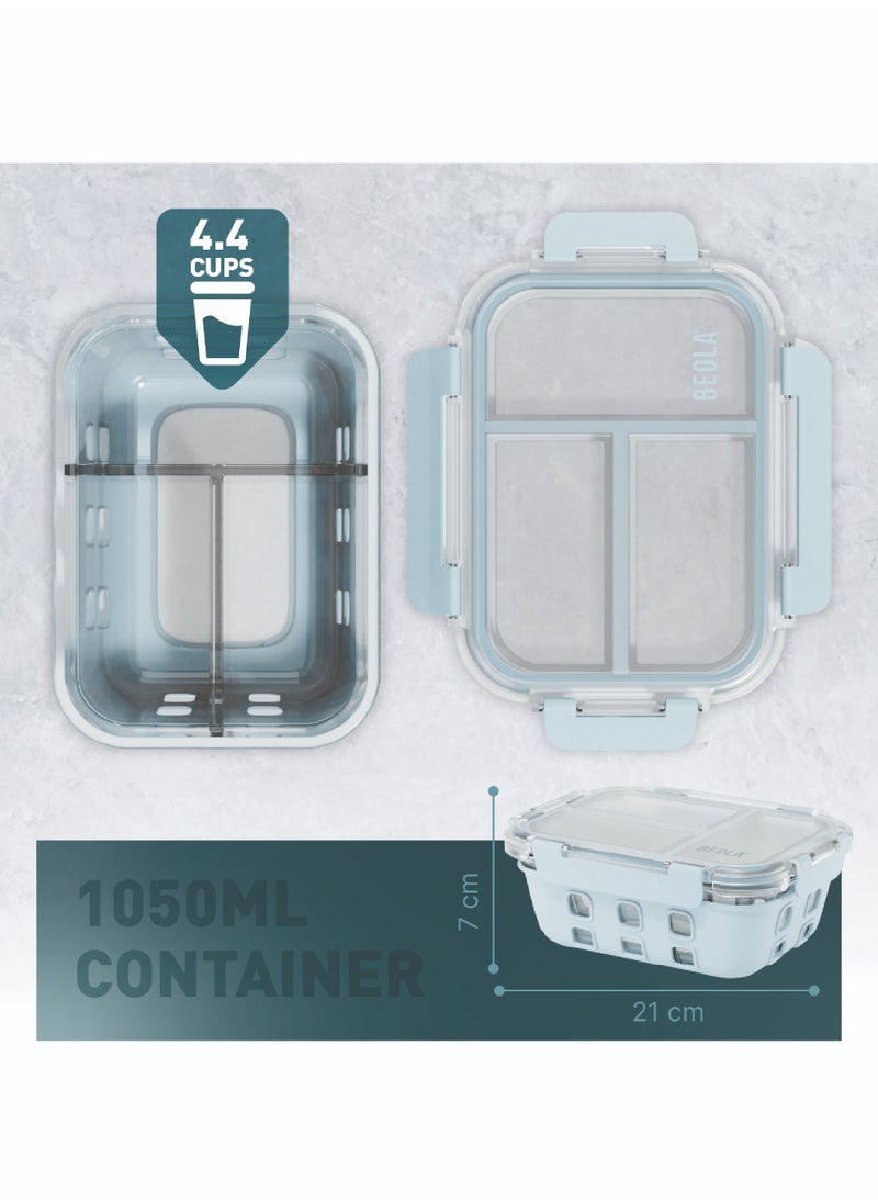 BEOLA - 3 Compartment Glass Food Storage Container with Airtight Lid and Silicone Protection, Individually Sealed 3 Section Meal Prep Container, Freezer, Dishwasher, Microwave Safe, 1050ml(Ice Blue) - Image 1