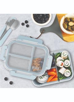 BEOLA 3 Compartment Glass Food Storage Container with Airtight Lid and Silicone Protection, Individually Sealed 3 Section Meal Prep Container, Freezer, Dishwasher, Microwave Safe, 1050ml(Ice Blue)  - Image 4