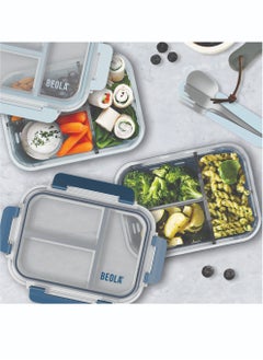 BEOLA 3 Compartment Glass Food Storage Container with Airtight Lid and Silicone Protection, Individually Sealed 3 Section Meal Prep Container, Freezer, Dishwasher, Microwave Safe, 1050ml(Ice Blue)  - Image 5