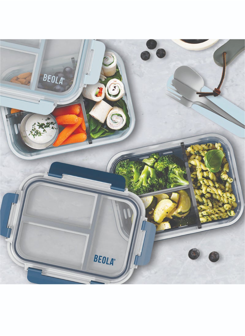 BEOLA - 3 Compartment Glass Food Storage Container with Airtight Lid and Silicone Protection, Individually Sealed 3 Section Meal Prep Container, Freezer, Dishwasher, Microwave Safe, 1050ml(Ice Blue) - Image 1