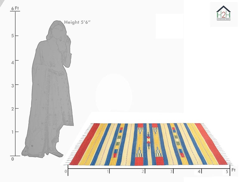 H2H House2Home Natural Colors in Cotton Kilim Design Area Rug for Living Room, Center Table, Gift item (Large 100 X 150cm & 90x150cm, Small 3x5ft, 5 Colors Red Yellow Combination)