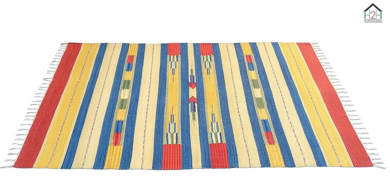 H2H House2Home Natural Colors in Cotton Kilim Design Area Rug for Living Room, Center Table, Gift item (Large 100 X 150cm & 90x150cm, Small 3x5ft, 5 Colors Red Yellow Combination)