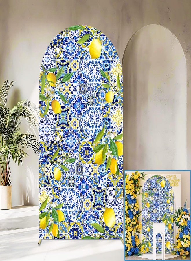 Sensfun Mediterranean Blue Tiles Lemon Arch Backdrop Cover Amalfi Coast Wedding Bridal Shower Decorations,2-Sided Italy Lemon Backdrop Arch Covers for Positano Birthday Baby Shower Party Decor 2.6x6ft - Image 1
