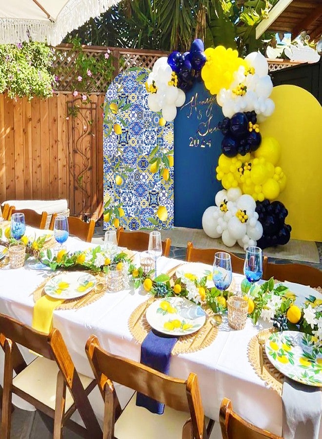 Sensfun Mediterranean Blue Tiles Lemon Arch Backdrop Cover Amalfi Coast Wedding Bridal Shower Decorations,2-Sided Italy Lemon Backdrop Arch Covers for Positano Birthday Baby Shower Party Decor 2.6x6ft - Image 4