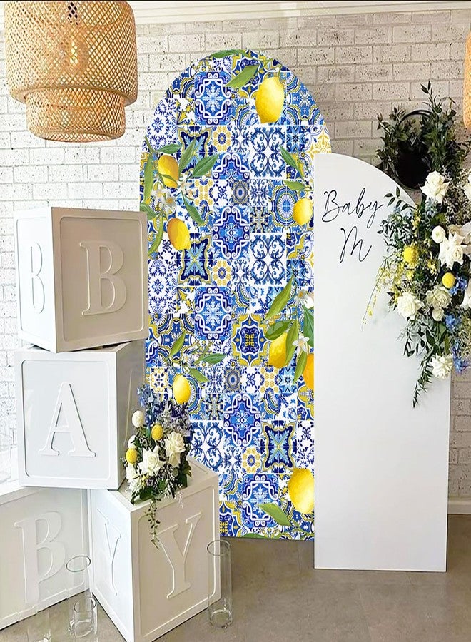 Sensfun Mediterranean Blue Tiles Lemon Arch Backdrop Cover Amalfi Coast Wedding Bridal Shower Decorations,2-Sided Italy Lemon Backdrop Arch Covers for Positano Birthday Baby Shower Party Decor 2.6x6ft - Image 3