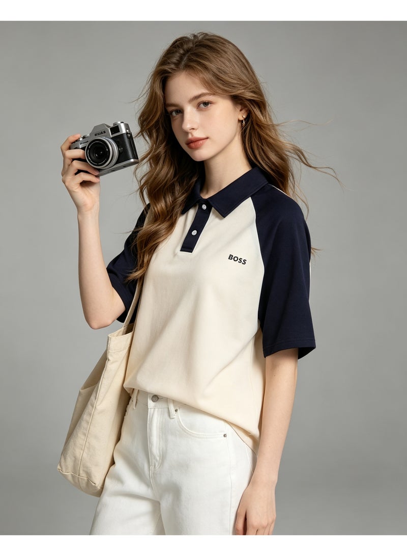 BOSS Unisex Raglan Short Sleeve Polo Shirt, Cream Navy Blue - Image 2