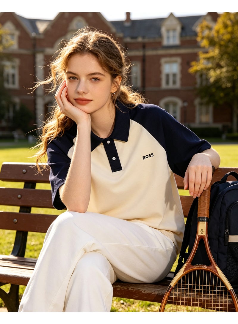 BOSS Unisex Raglan Short Sleeve Polo Shirt, Cream Navy Blue - Image 4
