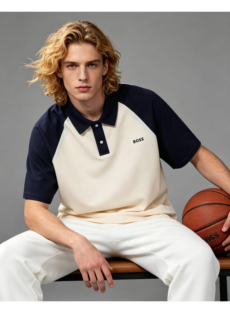 BOSS Unisex Raglan Short Sleeve Polo Shirt, Cream Navy Blue - Image 1