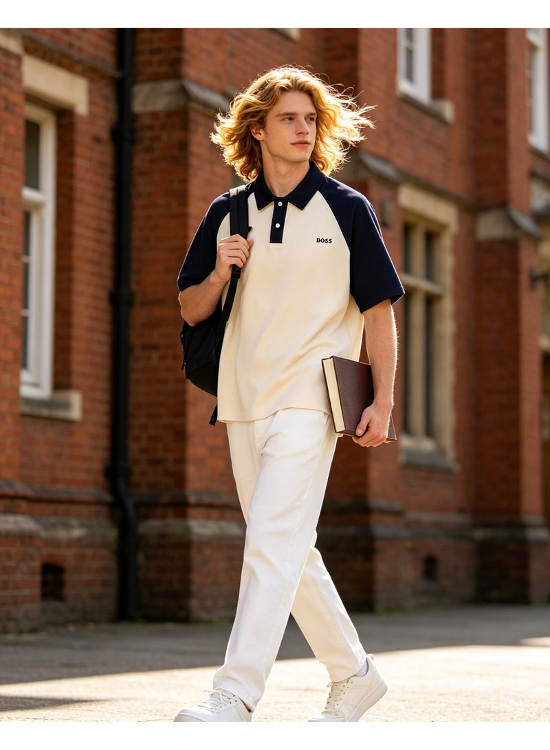 BOSS Unisex Raglan Short Sleeve Polo Shirt, Cream Navy Blue - Image 3