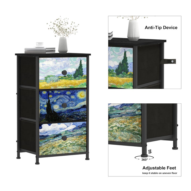 Welfuturer Dresser with 3 Drawers Van Gogh Drawer Dresser for Bedroom Narrow Nightstand Small Dressers & Chests of Drawers for Halfway Entryway Closets Living Room Sturdy Steel Frame Wood Top - Image 3