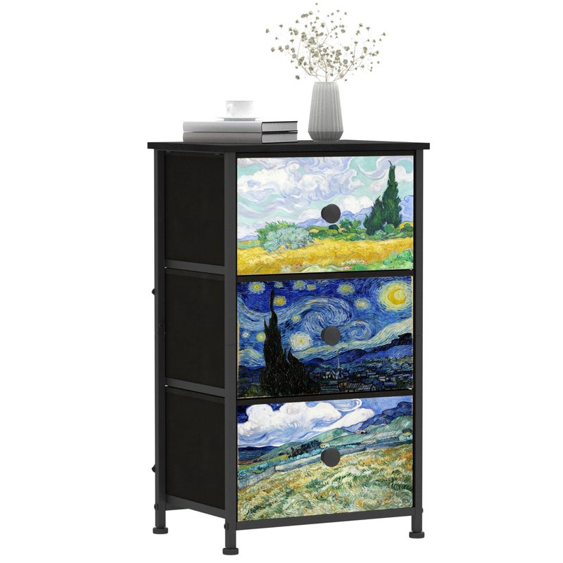 Welfuturer Dresser with 3 Drawers Van Gogh Drawer Dresser for Bedroom Narrow Nightstand Small Dressers & Chests of Drawers for Halfway Entryway Closets Living Room Sturdy Steel Frame Wood Top - Image 1