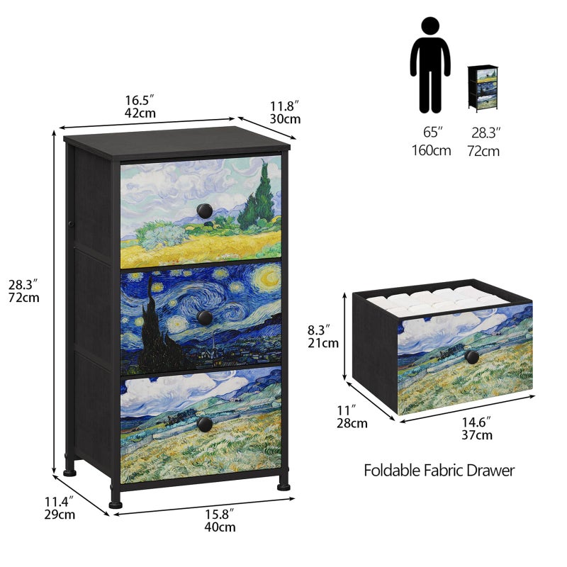 Welfuturer Dresser with 3 Drawers Van Gogh Drawer Dresser for Bedroom Narrow Nightstand Small Dressers & Chests of Drawers for Halfway Entryway Closets Living Room Sturdy Steel Frame Wood Top - Image 2