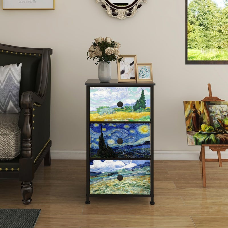 Welfuturer Dresser with 3 Drawers Van Gogh Drawer Dresser for Bedroom Narrow Nightstand Small Dressers & Chests of Drawers for Halfway Entryway Closets Living Room Sturdy Steel Frame Wood Top - Image 5