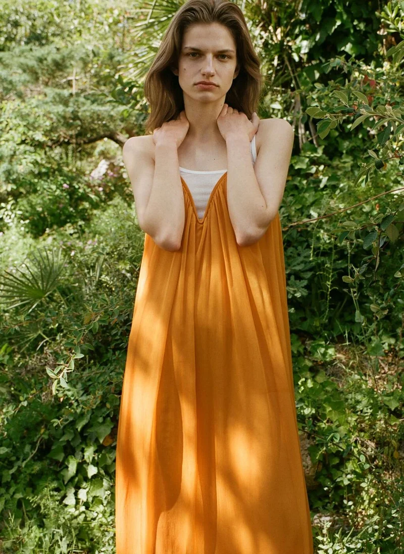 Mango burnt orange Chiffon V-Neck Dress for Women | Best Price UAE