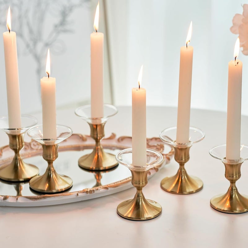 AGANS Willceka Gold Taper Candle Holder, Brass Candlestick Holders, Vintage Metal for Table Centerpieces Wedding Christmas Decor (Gold, 6 Pcs) - Image 2