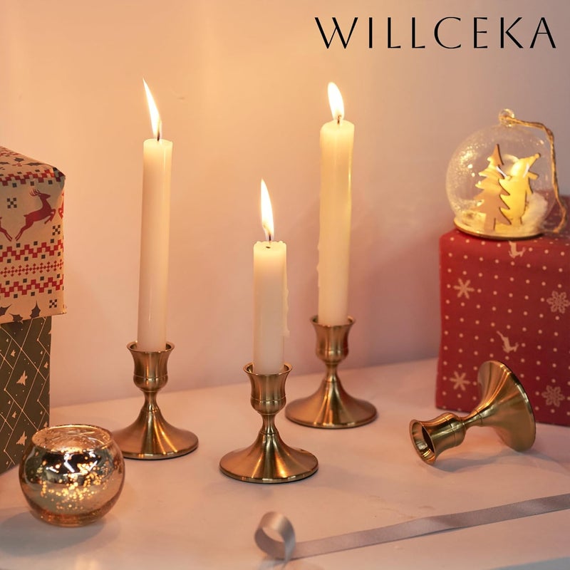 AGANS Willceka Gold Taper Candle Holder, Brass Candlestick Holders, Vintage Metal for Table Centerpieces Wedding Christmas Decor (Gold, 6 Pcs) - Image 3