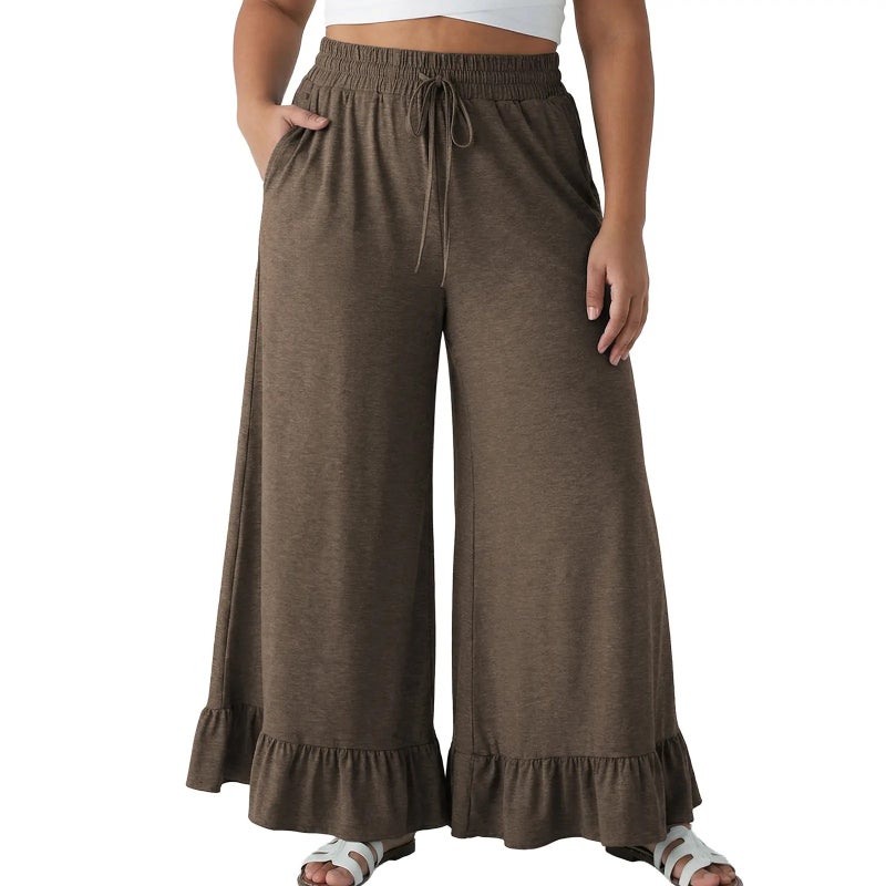 Eytino Women's Plus Size Wide Leg Pants Casual Elastic High Waist Drawstring Ruffle Hem Palazzo Pants with Pockets (1X-5X)