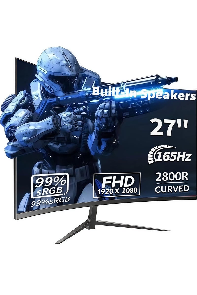 Glanfen Curved 27 inch IPS Gaming Monitor 165Hz with FHD (1920x1080)Display, Built-In Speakers, 1ms, Colorful LED Backlit, HDMI DP and USB Port with 5-Way Stick Power/Menu Button - Image 1